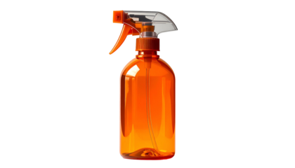 A transparent orange plastic spray bottle, against a black background, with trigger and nozzle