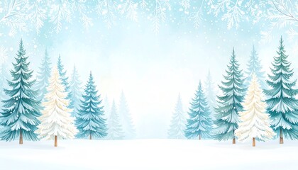 Obraz premium Serene snowy landscape surrounded by frosted trees beneath a subtle pale light with copy space