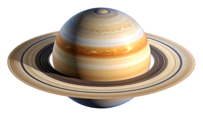 Rendered view of a gas giant planet with prominent rings against a stark black background