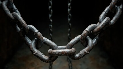 Heavily rusted and twisted metal chains in industrial setting