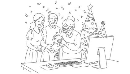 A loving family celebrates christmas together, gathered around a computer screen, with a decorated christmas tree and confetti in the background, conveying warmth and connection during the holiday sea