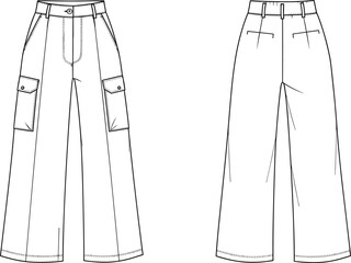 Wide-leg cargo pants technical flat sketch, front and back view, flap pockets, belt loops, welt pockets, topstitching seams, fashion design vector illustration