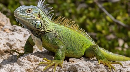 Fototapeta premium Green Iguana on a Rock in Sunny Day