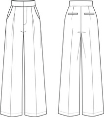 Wide-leg trousers technical flat sketch, front and back view, slanted pockets, welt pockets, belt loops, round waistband, fashion design vector template
