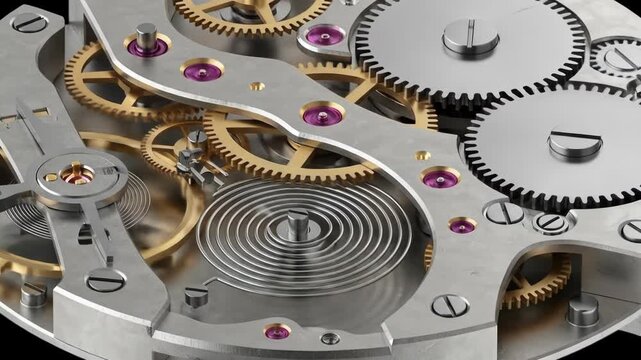 Intricate watch movement with gold gears, ruby bearings, and a coiled spring