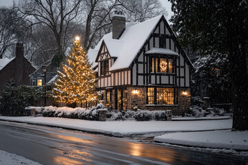 Cozy christmas house with illuminated tree winter wonderland seasonal decor snowy street view warm atmosphere