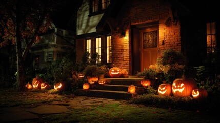 halloween pumpkins light up dark night