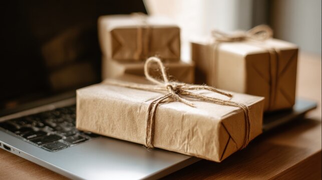 brown packages tied string on laptop