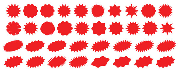 Starburst red sticker set - collection of special offer sale round and oval sunburst labels and buttons isolated on white background. Stickers and badges with star edges for promo advertising.