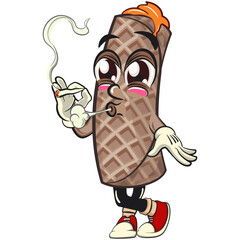 funny cute wafer stick biscuit mascot character smoke calmly, cartoon vector illustration for dessert and bakery design, work of hand drawn