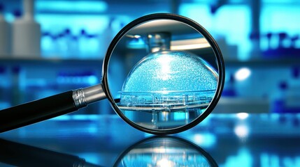 Magnifying glass examining petri dish with culture in laboratory