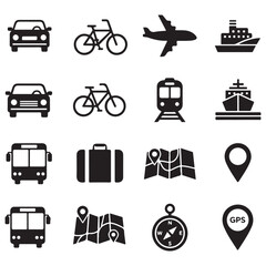 Set and bundle silhouette art vector design vector art of travel and transportation icons, including car, bicycle, airplane, ship, train, bus, luggage, map, compass, and gps pin