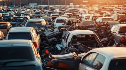Fototapeta premium Pile of discarded cars at a junkyard under warm sunlight