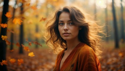 Obraz premium Young woman with curly hair standing in autumn forest surrounded by leaves 