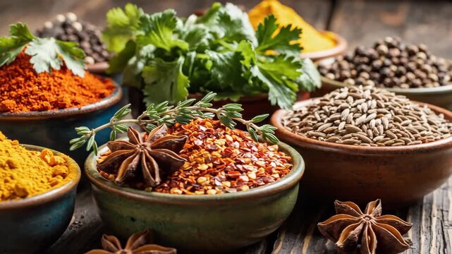 Colorful Spices and Herbs Still Life - A rustic still life showcases a variety of spices and herbs in small bowls.