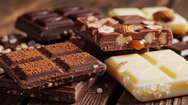 Assorted Chocolate Bar Pieces - A close up shot of assorted chocolate bar pieces are stacked on a wooden surface.