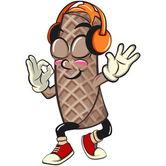 funny cute wafer stick biscuit mascot character listening to headset while dancing, cartoon vector illustration for dessert and bakery design, work of hand drawn