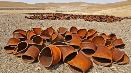 Rusty Metal Pipes in a Desert Landscape with an Abstract Pile