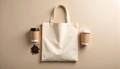 Overhead view of beige burlap tote bag next to coffee with copy space for text and branding design