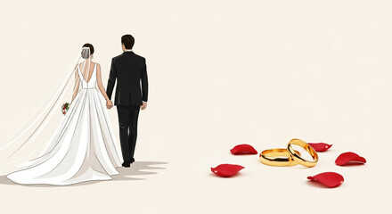 Bride and Groom Holding Hands in Vector Illustration with Wedding Rings and Petals