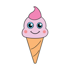 Cute Cartoon Ice Cream Cone with Smiling Face Sweet Summer Dessert Vector illustration