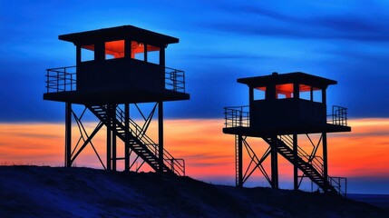 Silhouette of surveillance posts against a vibrant sunset sky