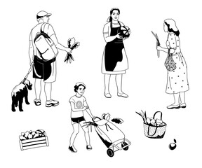 standing isolated peoples shopping at a farmer's market, man with dog, woman with basket, vendor holding watermelon, boy with grocery cart, outline black and white vector illustration