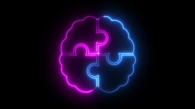Glowing neon brain puzzle icon isolated on black background representing problem solving and cognitive function. human brain icon and puzzle icon with neon effect. brain icon with puzzle piece.