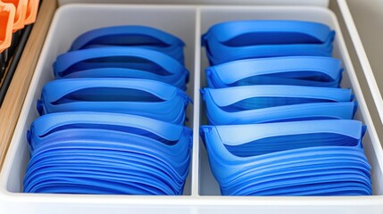 Stacks of blue reusable face shields inside compartments