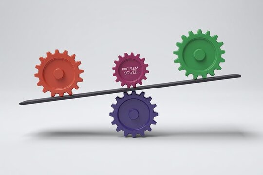 Teamwork and Problem Solving Concept &ndash; Colorful Gears with &ldquo;Problem Solved&rdquo; Text Balancing Mechanism