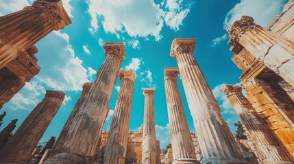 Tall marble columns reaching upwards in a vibrant blue sky