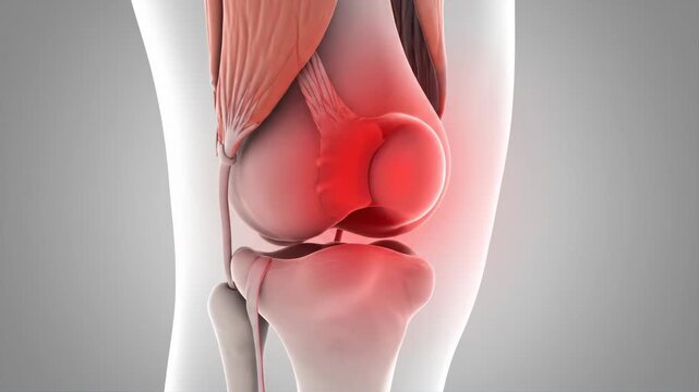 Knee Joint Inflammation Anatomy Illustration - A digitally video video showcasing the anatomy of a knee joint with highlighted inflammation indicated by red shading.