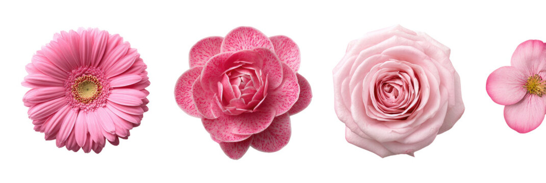 Four different shades of pink flowers in a horizontal row - Powered by Adobe