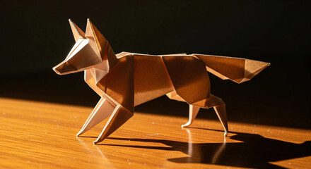 Origami Fox Sculpture on Wood with Light and Shadow Contrast