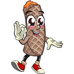 funny cute wafer stick biscuit mascot character dancing while giving the okay sign, cartoon vector illustration for dessert and bakery design, work of hand drawn