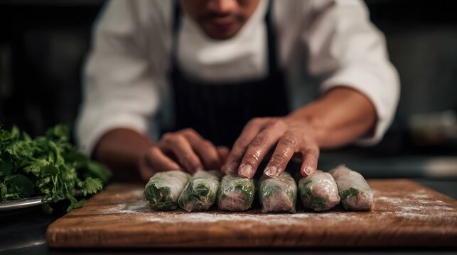 A chef meticulously prepares fresh spring rolls by hand on a wooden cutting board - Powered by Adobe