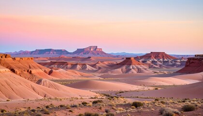 Fototapeta premium Beautiful desert landscape at sunset featuring dunes and a colorful sky with copy space for text