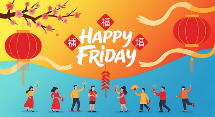 Fototapeta premium Celebrating happy friday with traditional chinese new year decorations and festive activities with friends and family in a vibrant and colorful illustration