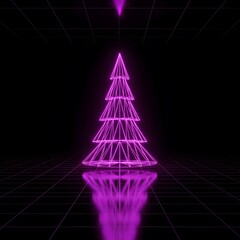 Abstract Geometric Christmas Tree Lit by Neon Pink Light With Reflections on a Dark Futuristic Grid Background