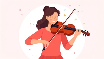 A smiling woman plays the violin, surrounded by abstract shapes