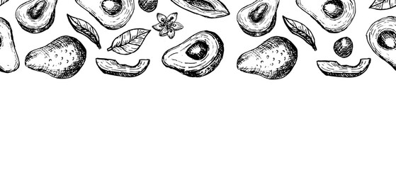 Hand drawn avocado border frame, vintage botanical vector illustration with leaves and fruits, perfect for avocado oil packaging, menu design, cosmetic labels, cards , tropical healthy food template.