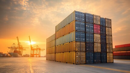 Stack of industrial steel shipping containers under sunset sky
