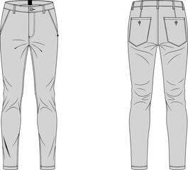 Tapered-leg pants technical flat sketch, front and back view, belt loops, patch pockets, yoke seam, fly front, fitted silhouette, fashion vector illustration