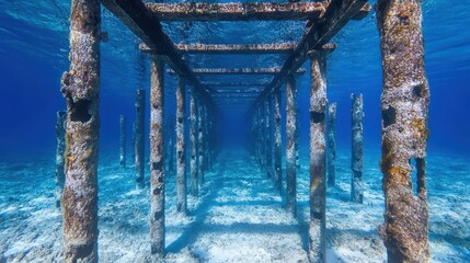 Submerged Underwater Pier Beams Stretching Into The Deep Ocean