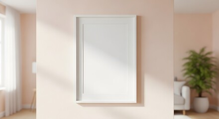Blank White Picture Frame Mounted on a Soft Pink Wall With Natural Light Streaming Through a Nearby Window and Green Plant in Background