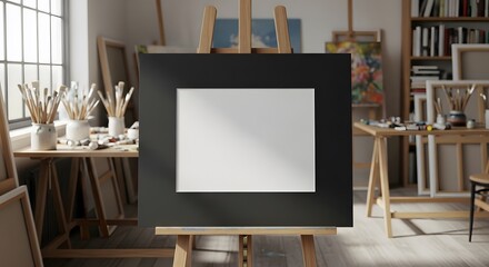 Artist Easel Displaying Blank White Canvas with Dark Mat Board in Brightly Lit Art Studio