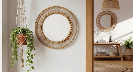 Bohemian Style Bathroom Interior With Hanging Plant And Round Woven Mirror