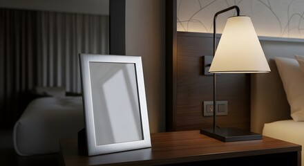 Blank Silver Photo Frame on Nightstand Next to a Modern Lamp in a Dimly Lit Hotel Room with Reflective Surface