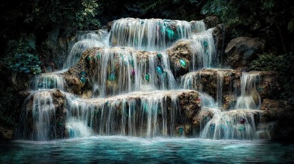Waterfall of Emerald and Turquoise Gems cascading over tiered rocks