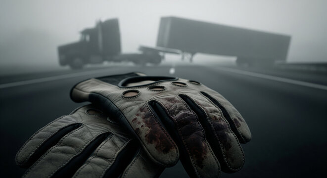 Worn leather driving gloves beside a jackknifed semi truck on a foggy highway